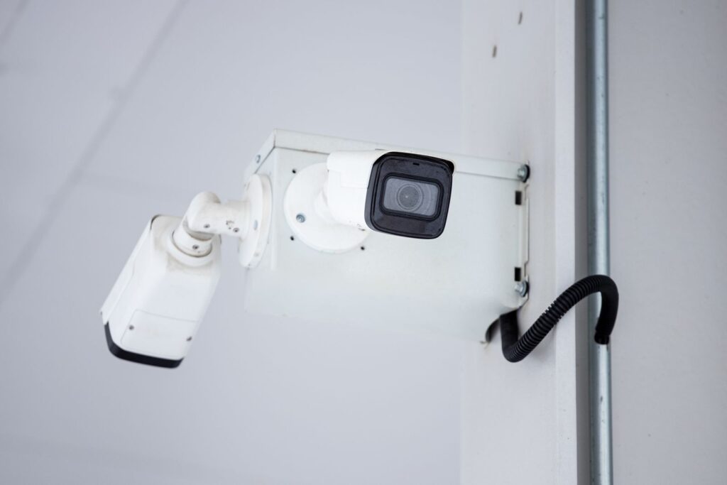 Outdoor CCTV camera mounted on a building wall