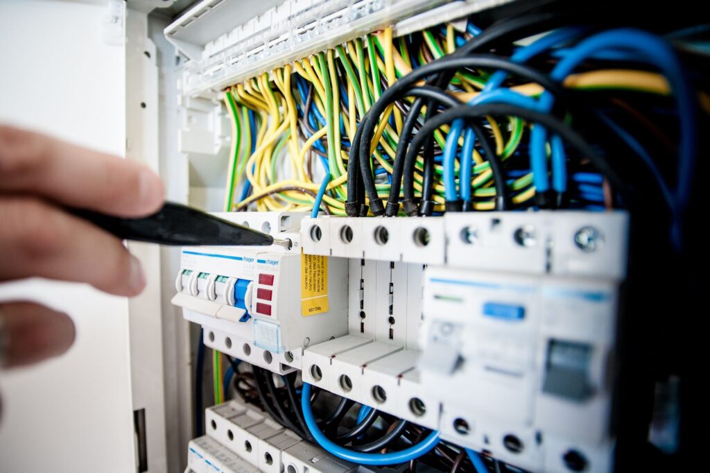Circuit breakers and wiring inside an electrical distribution board