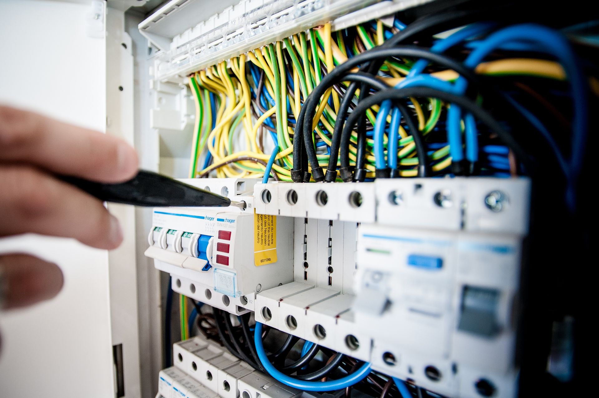 Circuit breakers and wiring inside an electrical distribution board